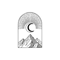 Crescent Moon Over Mountain Landscape Inside Arch.