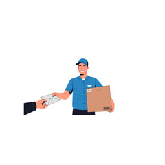 Delivery courier in blue uniform handing over package.
