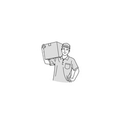 Delivery person carrying cardboard box illustration.