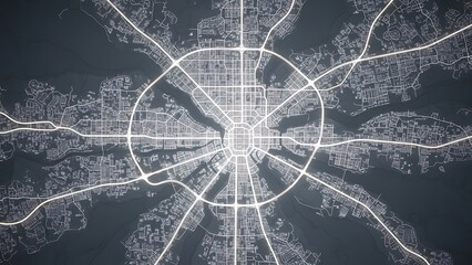 Dynamic digital rendering of a sprawling urban cityscape, presenting an intricate network of illuminated roads and essential infrastructure against a dark, stylized background