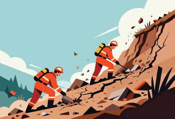Fototapeta premium Two rescuers in orange suits with backpacks work on a steep, cracked hillside