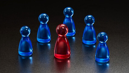 Standout Red Token: Contrast in a Group of Blue Game Pieces