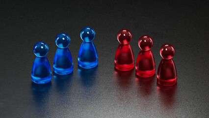 Blue & Red Groups: Equal Upright Game Pieces in Separate Lines
