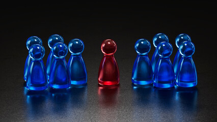 Standout Red Token: Contrast in a Group of Blue Game Pieces