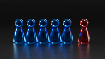 Single Red Piece: Standing Beside Five Blue Counterparts