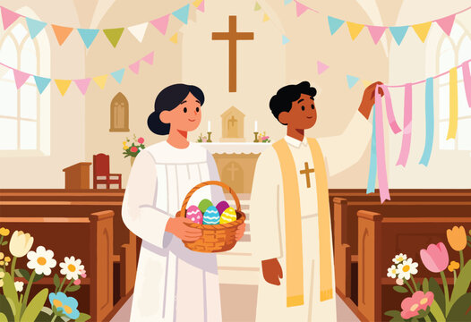 Pastor and parishioner decorate church for Easter with eggs and festive ribbons