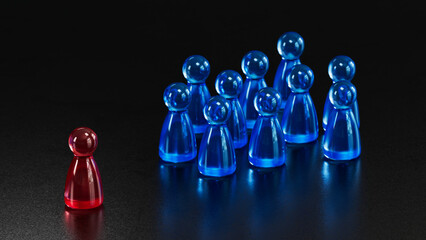 Standout Red Token: Contrast in a Group of Blue Game Pieces