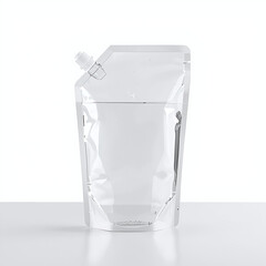 Transparent stand-up spout pouch mockup filled with clear liquid on white background
