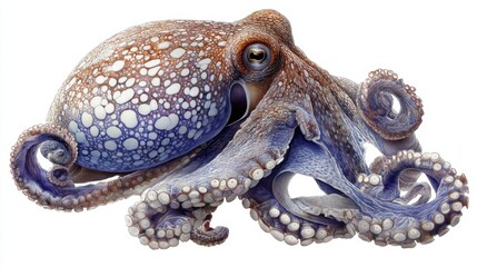 Obraz premium An octopus is swimming in the ocean with its arms extended. The skin shows different colors and patterns. Sunlight filters through the water creating an interesting scene.