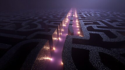 Glowing maze paths lead through dark labyrinth with illuminated trails and sparkling particles on floor