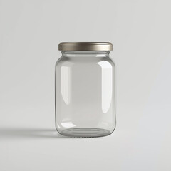 A simple, clear glass jar with a shiny metallic lid, standing alone against a neutral background.