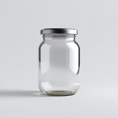 Clear empty glass jar with a silver lid displayed in a minimalist studio setting