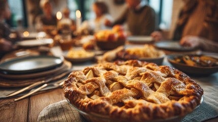 A beautifully set dining table features a freshly baked lattice apple pie as its centerpiece. The warmly lit scene captures a cozy gathering, conveying a sense of shared joy and family tradition.