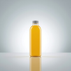 A transparent plastic bottle filled with vibrant orange juice stands on a reflective surface