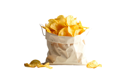 Golden potato chips spill from a simple white paper bag against a stark black backdrop