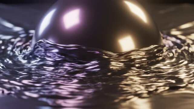 Vibrant liquid metal flowing slowly and merging into harmonious waves across an unseen three dimensional surface reflecting shifting light dimensional, harmonious, visual