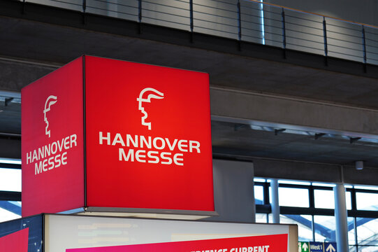 Hannover, Lower Saxony, Germany - April 3, 2025: Hannover Messe logo in Hannover - Hannover Messe is one of the world's largest trade fairs, dedicated to the topic of industry development