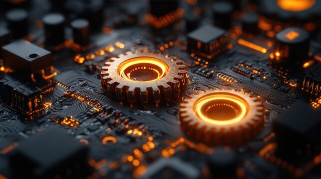 Gears on a circuit board symbolize concurrency in computing.