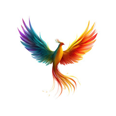 Obraz premium Vibrant Phoenix illustration in full flight with dazzling rainbow wings, symbolizing renewal and transformation