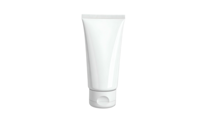 A white, cylindrical squeeze tube for skincare products, set against a black background