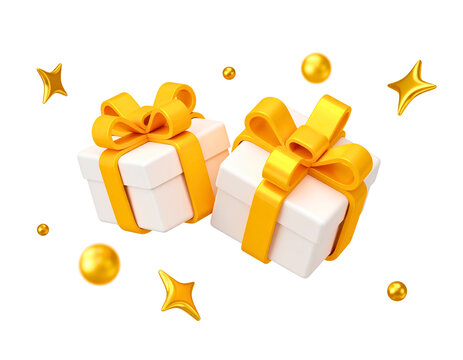3d white gift box with yellow ribbon and flying gold Indian rupees coins and balls. Stock vector illustration on isolated background.