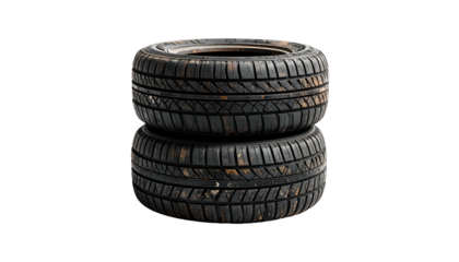 Two worn car tires, one stacked upon the other, isolated against black background