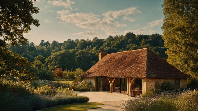 A charming stone building with a rustic tiled roof nestled amidst lush greenery and rolling hills under a bright sky. - Powered by Adobe