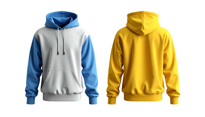 Two hoodies, front and back views, one blue/white, other yellow, isolated on black