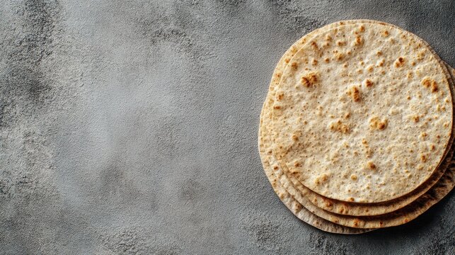 Flatbreads are neatly stacked on a gray surface in a kitchen. The warm light from the window highlights their texture and fresh appearance.