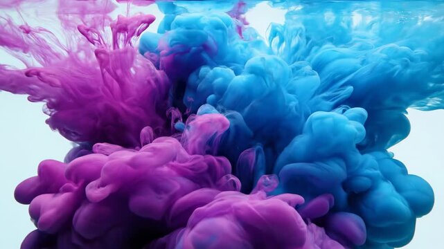 Vibrant magenta and cyan ink plumes swirling dynamically and mixing together underwater forming an intricate maximal abstract background acrylic, together, design
