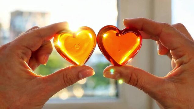 Two hands holding up two glowing heart-shaped objects against a blurred background, symbolizing love and connection.
