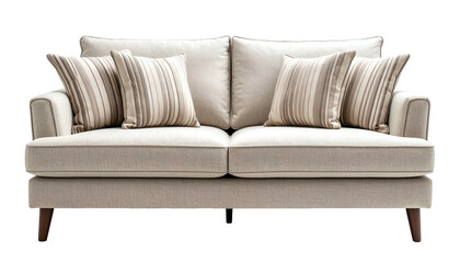 Two-seater sofa with cream upholstery, striped pillows, and wooden legs, isolated on black
