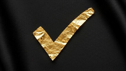 Golden Check Mark on Black Fabric Background.