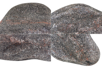 Collection of natural stone textures isolated on white background. Uneven edges. Rectangular composite image of pebble textures
