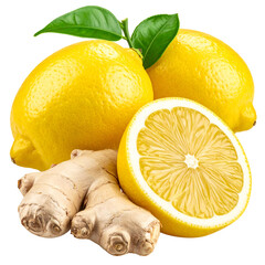 Bright yellow lemons, green leaves, and ginger roots, one lemon halved