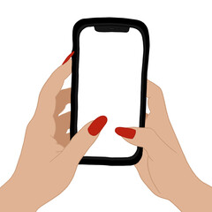 female hands with red nails holding smartphone with blank screen, isolated on transparent background