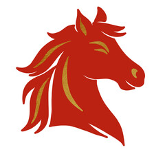 Red and gold decorative horse head illustration symbolizing Chinese zodiac sign, isolated PNG on transparent background