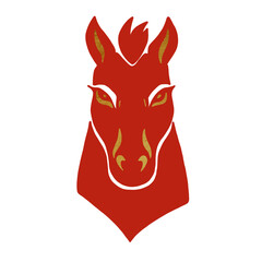 Front-facing red and gold stylized horse head illustration for Chinese zodiac or festive design, isolated PNG
