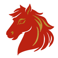 red and gold horse head illustration with detailed mane for Chinese Lunar New Year, isolated PNG