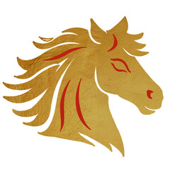 Golden horse head illustration with red details for Chinese zodiac or festive decoration, isolated PNG on transparent background