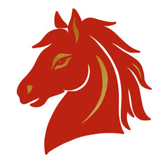Stylized red and gold horse head illustration for Chinese zodiac or festive design, isolated PNG with transparent background