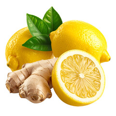 Vibrant composition lemons, ginger root, and green leaves against a transparent backdrop
