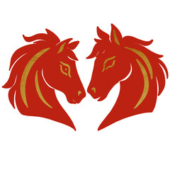 Two red and gold stylized horse heads facing each other, Chinese zodiac or New Year illustration, isolated PNG