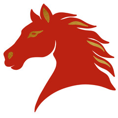 Red and gold stylized horse head in profile with flowing mane, Chinese zodiac illustration, isolated PNG