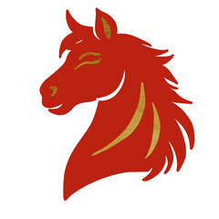 Red and gold stylized horse head illustration with flowing mane and calm expression, isolated PNG for Chinese zodiac