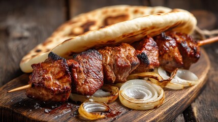 Skewers of grilled meat sit on a wooden board next to slices of grilled onions and flatbread. The setting shows a rustic table with warm colors.
