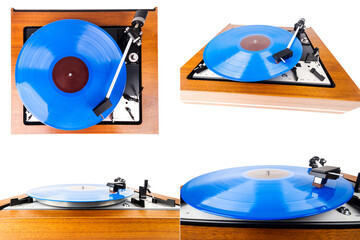 Collection of images with vintage stereo turntable vinyl record player isolated on white background. Blue record on turntable.