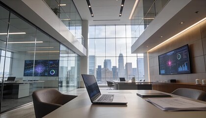 Modern office corporate business technology digital laptop meeting glass skyline data analytics in modern office corporate workspace open plan office glass wall city skyline with laptop showing data - Powered by Adobe