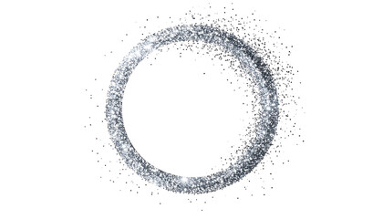 Floating, glittering silver ring with particle effect, set against a solid black background