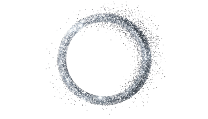 Floating, glittering silver ring with particle effect, set against a solid black background